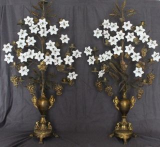 Pr 19c Bronze Altar Candelabra Milk Glass Flowers Wheat Grape Ecclesiastical 40 "