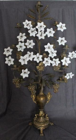 Pr 19C Bronze Altar Candelabra Milk Glass Flowers Wheat Grape Ecclesiastical 40 