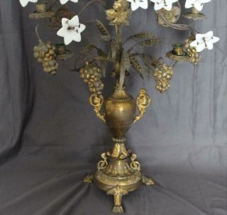 Pr 19C Bronze Altar Candelabra Milk Glass Flowers Wheat Grape Ecclesiastical 40 