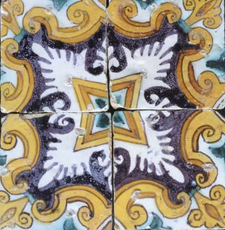 Antique 4 X Early Spanish Delft Maiolica Tile Floral/ornamental Circa 1550 - 1600