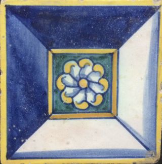 Antique Early Spanish Delft Maiolica Tile Flower/ornamental Circa 1600 C.