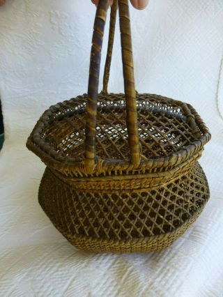 Antique Small Lidded Fancy Basket 6 " X 6 " X 5 " Dbl Handle Colored Splints