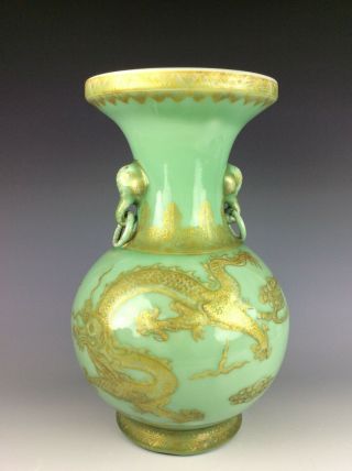 Chinese celadon glaze porcelain vase painted with dragon pattern,  with double ea 3