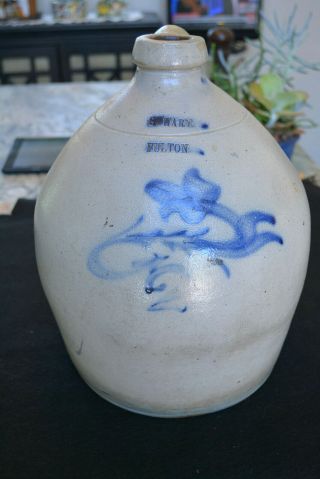 Antique Rare S Hart Fulton 2 Gal Stoneware Jug in blue Tulip Slip 1840 - 1876 NY 2