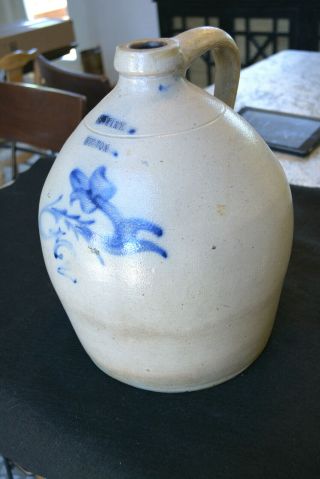 Antique Rare S Hart Fulton 2 Gal Stoneware Jug in blue Tulip Slip 1840 - 1876 NY 3