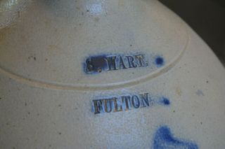 Antique Rare S Hart Fulton 2 Gal Stoneware Jug in blue Tulip Slip 1840 - 1876 NY 5