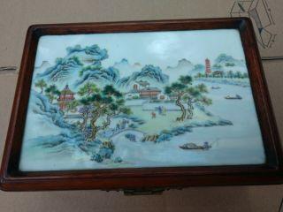 Antique 19th C Century Chinese Porcelain Plaque Tile Rosewood Box Qing 12