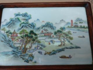Antique 19th C Century Chinese Porcelain Plaque Tile Rosewood Box Qing