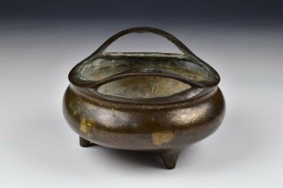 Early Chinese Bronze Gold Splashed Footed Censer with Open Handles 2