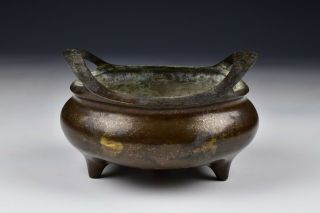 Early Chinese Bronze Gold Splashed Footed Censer with Open Handles 3