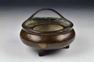 Early Chinese Bronze Gold Splashed Footed Censer with Open Handles 4