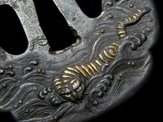 SIGNED Tiger TSUBA 18 - 19thC Japanese Antique Edo KATANA Koshirae 5