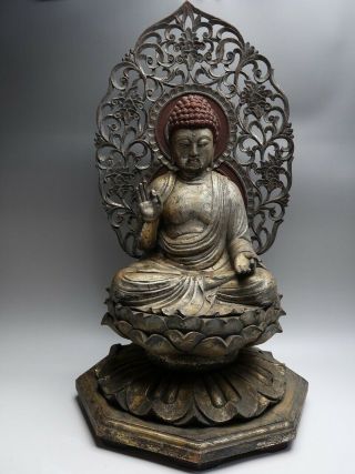 Old,  Japanese,  Japan,  Buddhism Wooden Hand - Carved Syaka,  Buddha Statue 58cm 　央