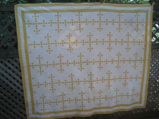 Antique Quilt Hand Pieced & Quilted Yellow Gold & White 77 " X 65 "