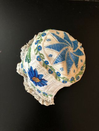 Antique Lace - Circa 1800’s,  Elaborate Knit And Beaded Baby Bonnet W/ Florals