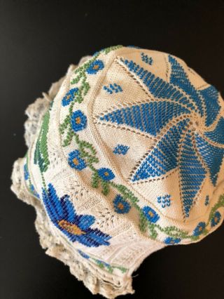 ANTIQUE LACE - CIRCA 1800’s,  ELABORATE KNIT AND BEADED BABY BONNET W/ FLORALS 2