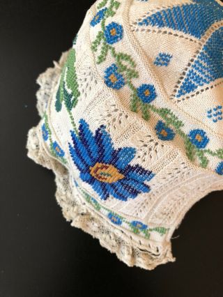 ANTIQUE LACE - CIRCA 1800’s,  ELABORATE KNIT AND BEADED BABY BONNET W/ FLORALS 3