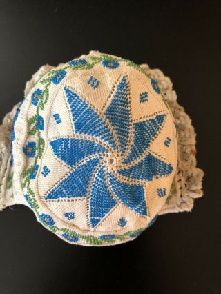 ANTIQUE LACE - CIRCA 1800’s,  ELABORATE KNIT AND BEADED BABY BONNET W/ FLORALS 4