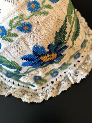 ANTIQUE LACE - CIRCA 1800’s,  ELABORATE KNIT AND BEADED BABY BONNET W/ FLORALS 6