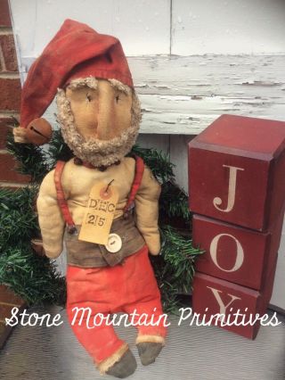 Primitive Grungy Folk Art Rag Stuffed Santa Doll In Overalls Christmas In July