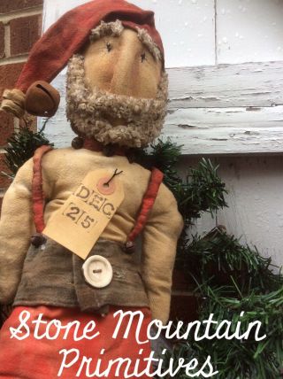 Primitive Grungy Folk Art RaG Stuffed SANTA Doll In Overalls Christmas In July 2