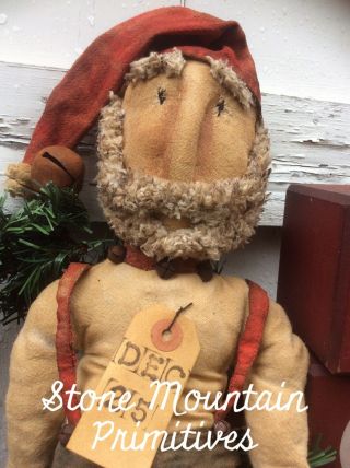 Primitive Grungy Folk Art RaG Stuffed SANTA Doll In Overalls Christmas In July 3