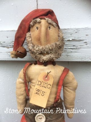 Primitive Grungy Folk Art RaG Stuffed SANTA Doll In Overalls Christmas In July 5