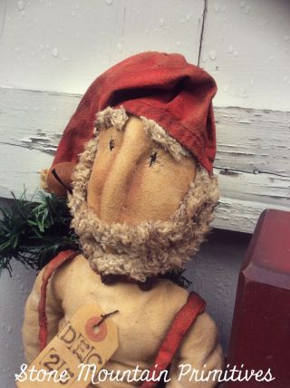 Primitive Grungy Folk Art RaG Stuffed SANTA Doll In Overalls Christmas In July 6