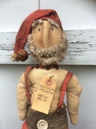 Primitive Grungy Folk Art RaG Stuffed SANTA Doll In Overalls Christmas In July 8