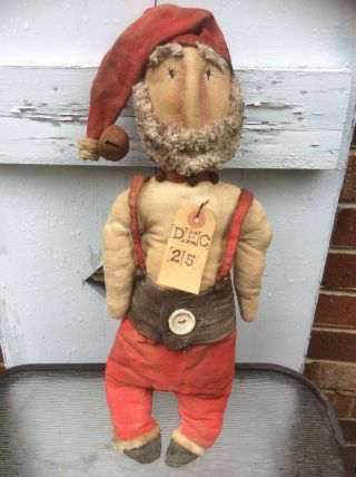 Primitive Grungy Folk Art RaG Stuffed SANTA Doll In Overalls Christmas In July 9