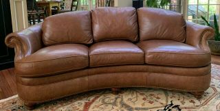 Two Traditional Curved - Back Chestnut Leather Sofas By Hancock & Moore