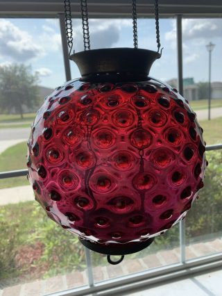 Cranberry Hobnail Fenton Style Hanging Parlor Lamp 1800s