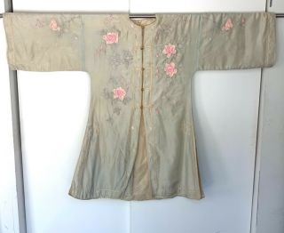 Antique Chinese Silk Embroidery Robe Flowers And Foilage Gold Buttons