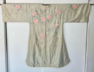 Antique CHINESE Silk EMBROIDERY Robe Flowers and Foilage GOLD BUTTONS 2
