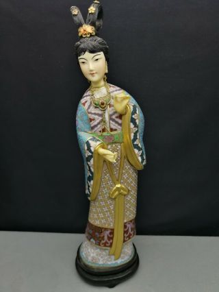 Impressive Early 20th Antique Old Chinese Cloisonne Figure Of Woman Large 31cm