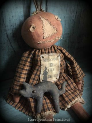 Primitive Halloween Fall Pumpkin Girl Doll With Black Cat Season Of The Witch