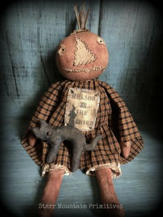 Primitive Halloween Fall Pumpkin Girl Doll with Black Cat Season of the Witch 2