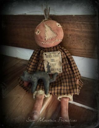 Primitive Halloween Fall Pumpkin Girl Doll with Black Cat Season of the Witch 4