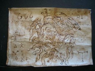 " Medusa Gorgon " Ink Drawing On Ancient 18th Cent Vellum Occult Magick Spell