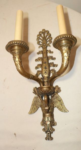 Antique Ornate Figural Griffin Gilt Bronze 2 Arm Electric Wall Sconce Fixture