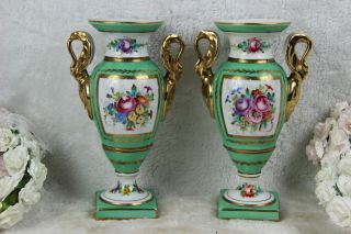 Pair French Vases Swan Handles Floral Decor In Sevres Vieux Paris Porcelain Mark