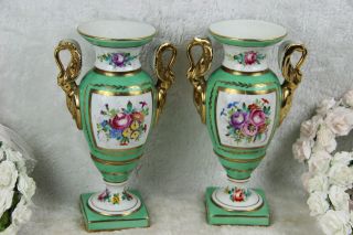 PAIR French Vases swan handles floral decor in sevres vieux paris porcelain mark 2