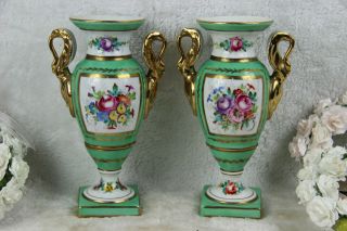 PAIR French Vases swan handles floral decor in sevres vieux paris porcelain mark 3