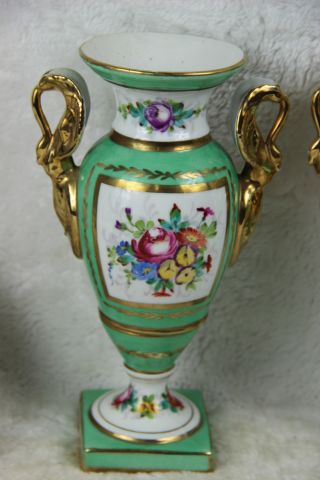 PAIR French Vases swan handles floral decor in sevres vieux paris porcelain mark 4