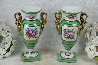 PAIR French Vases swan handles floral decor in sevres vieux paris porcelain mark 6