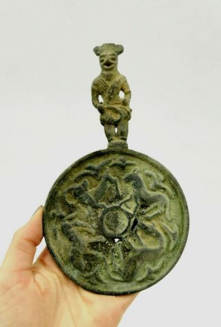 Ancient Roman Ca.  200 Ad Bronze Mirror With Theatrical Figure As Handle - R307