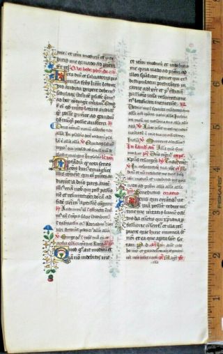Masterful Medieval Illuminated Manuscript Lf,  Vellum,  Deco.  color Gold Init.  c.  1475 2