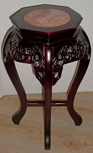 Vintage Chinese Carved Wood Jardiniere / Plant Stand With Inset Rouge Marble Top