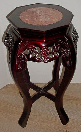 VINTAGE CHINESE CARVED WOOD JARDINIERE / PLANT STAND with INSET ROUGE MARBLE TOP 2