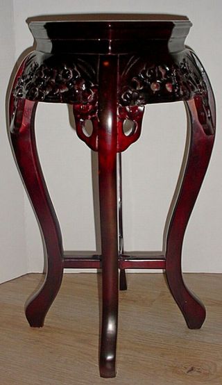 VINTAGE CHINESE CARVED WOOD JARDINIERE / PLANT STAND with INSET ROUGE MARBLE TOP 3